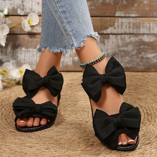 Black Bow Flat Sandals - Elegant Summer Footwear