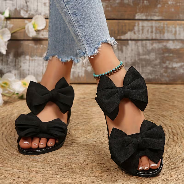 Black Bow Flat Sandals - Elegant Summer Footwear